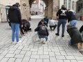 Personen stehen und knien auf Pflastersteinen in Landsberg