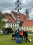 Maibaum auf Grünfläche, um den Personen stehen