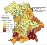 Bayernkarte mit farbig gekennzeichneten Landkreisen, rote Landkreise befinden sich im Süden